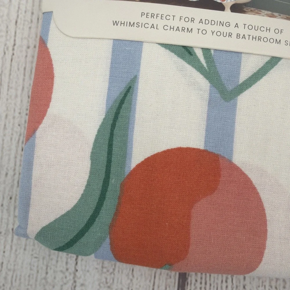Whimsical Cherries Shower Curtain White Blue Stripe 100% Cotton Dream Home